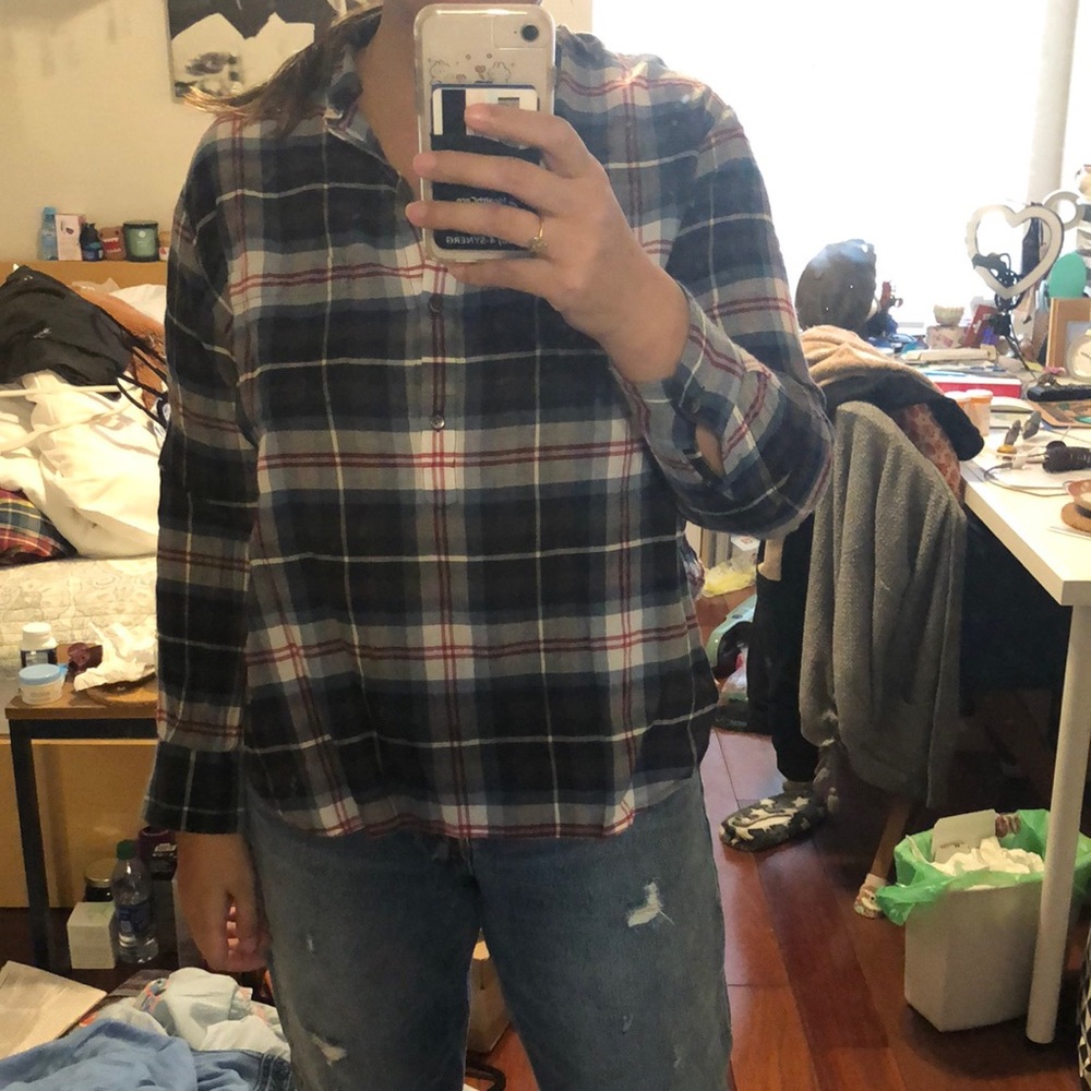 Used great condition madewell blue, white & red plaid shirt